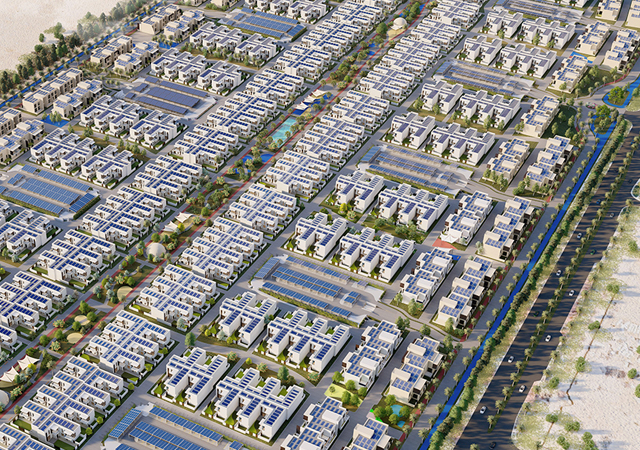 The Sustainable City – Yas Island homes will be powered by solar energy from panels installed on residential and parking structures.